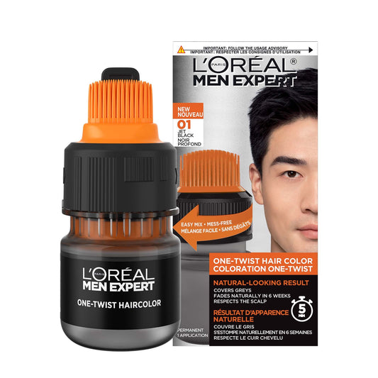 L’Oreal Paris Men Expert One Twist Mess Free Permanent Hair Color, Mens Hair Dye to Cover Grays, Easy Mix Ammonia Free Application, Jet Black 01, 1 Application Kit