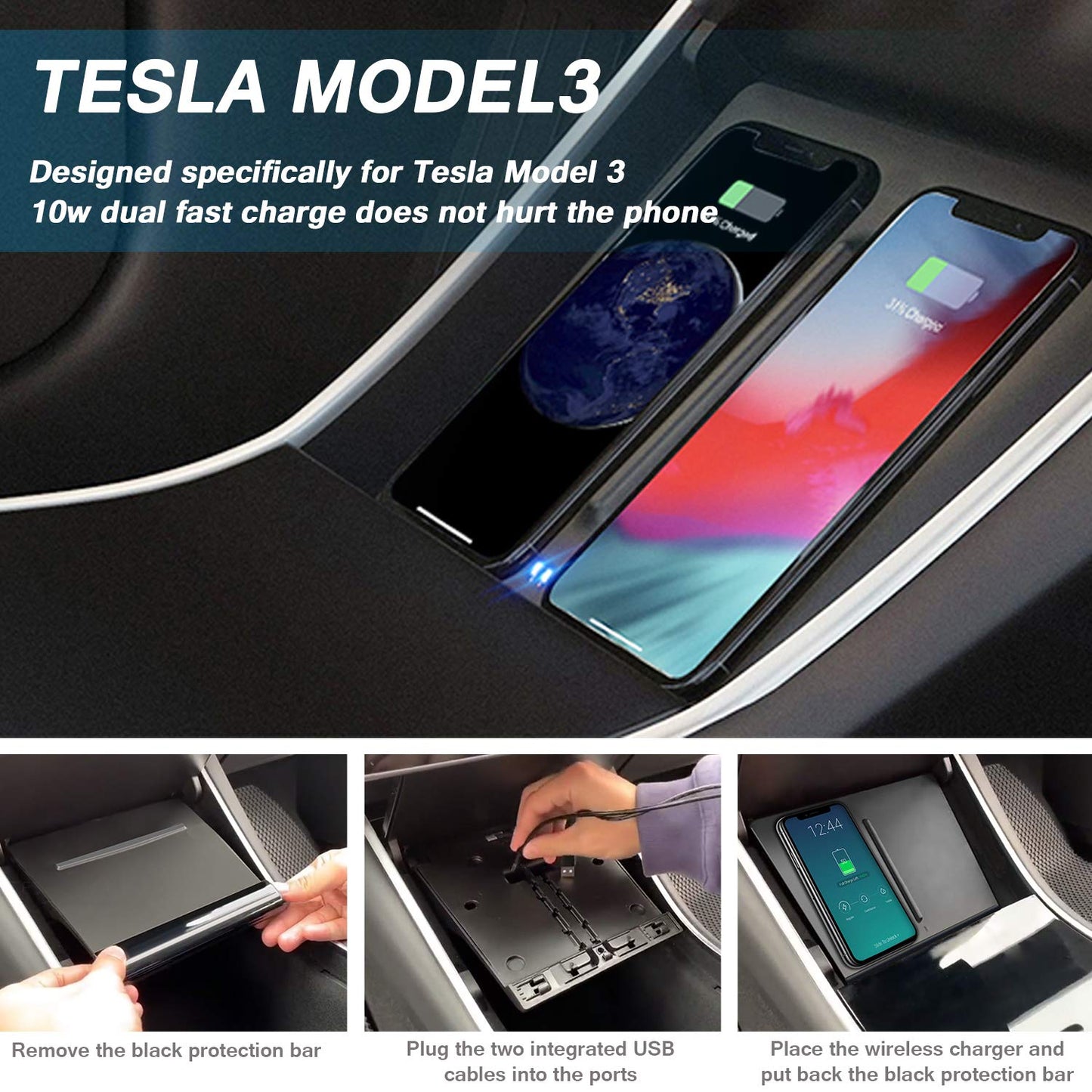 VXDAS Tesla Model 3 Wireless Charger, Dual 10W QI Wireless Phone Charging Pad M3 Car Center Console Tesla Model 3 Accessories Panel with 7pcs Custom Cup Mat Center Console Liner mat-Newest Upgrade