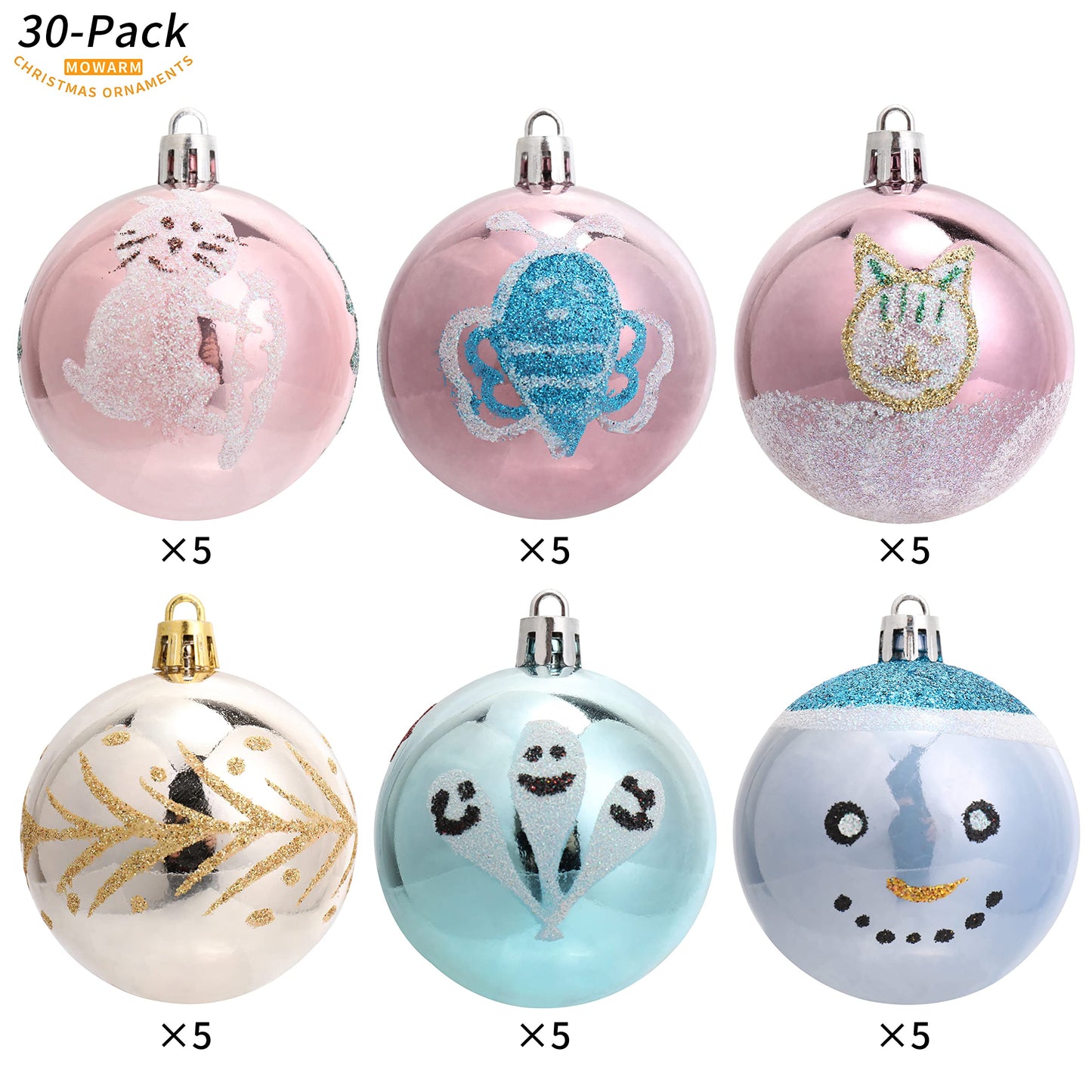 MOWARM 60mm/2.36" Exquisite Contrast Color Theme Painting & Glittering Christmas Ball Ornaments Decorative Xmas Balls Set (30 Counts)-Colourful