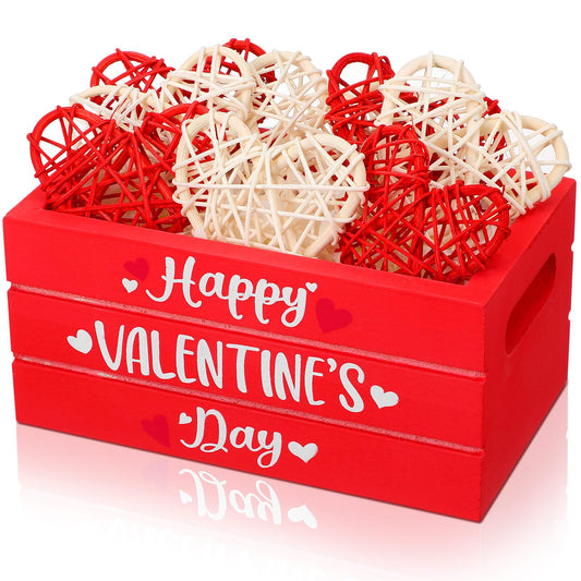 Qunclay Valentine's Day Wood Mini Wooden Crate Set Valentine's Day Tiered Tray Decor Happy Valentine's Day Wooden Basket with Heart Shaped Rattan Balls Decorations for Farmhouse (Red, White)
