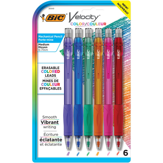 BIC Velocity Mechanical Pencils with Colored Leads, Medium Point (0.7 mm), 6-Count Pack, Perfect for Drawing and Journaling (MV7CP61-AST)