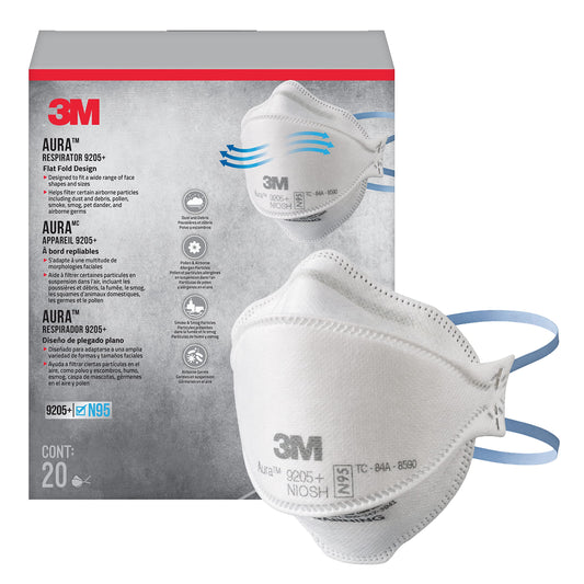 3M Aura Particulate N95 Respirator 9205+, Flat Fold Lightweight Design, Non-Valved, 20 Count (Pack of 1) - Like New