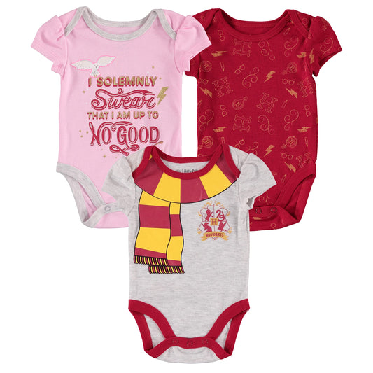 Harry Potter Baby Girls Bodysuit One Piece Three Pack Gifts for Baby Girls (Pink/White/Red, 6-9 Months)