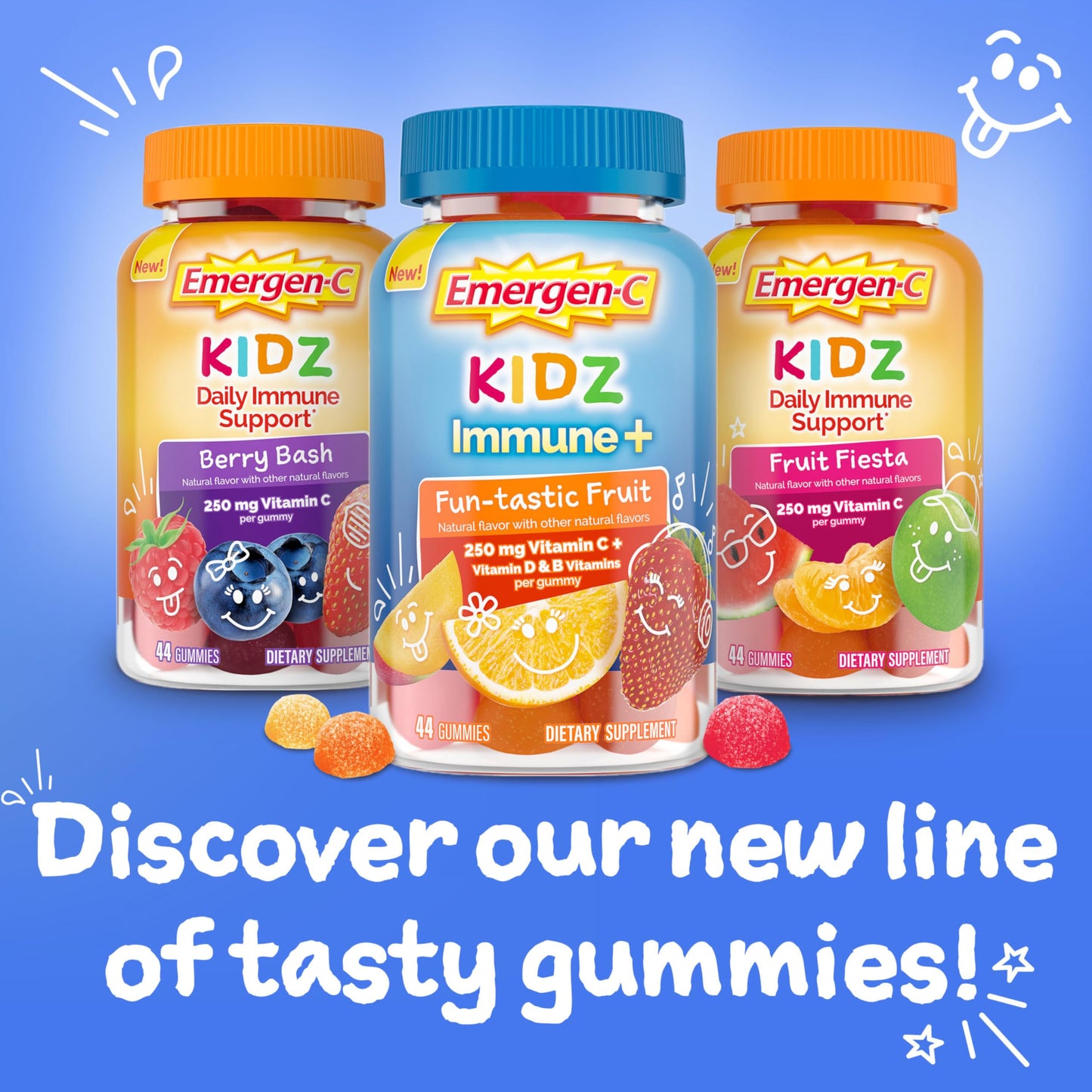 Emergen-C Kidz Immune+ Immune Support Dietary Supplements, Flavored Gummies with Vitamin C, B Vitamins and D for Support, Fun-Tastic Fruit - 44 Count