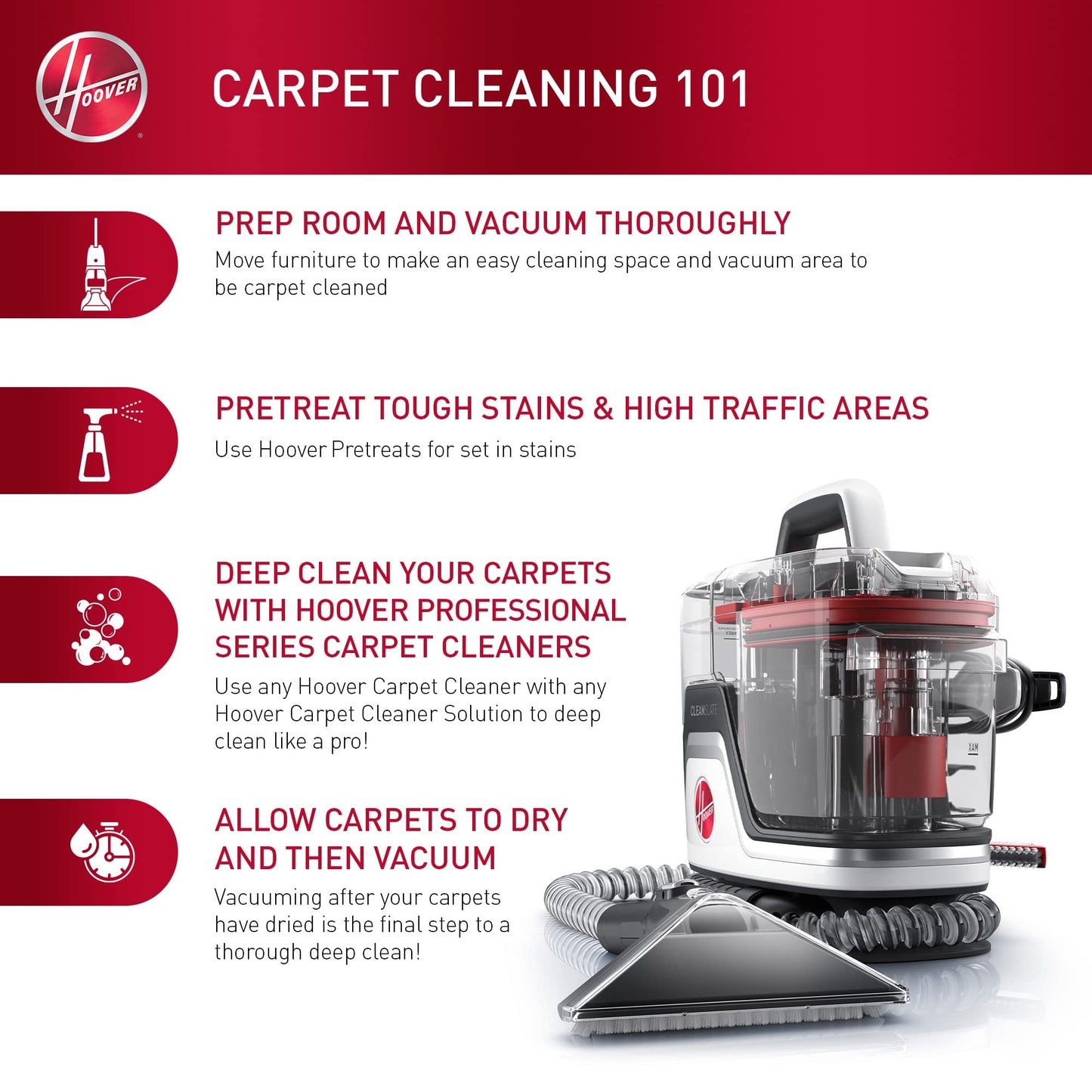 Hoover CleanSlate Plus Portable Carpet & Upholstery Spot Cleaner, Carpet Cleaner Machine, Pet Stain Remover, Car and Auto Detailer, Powerful Suction with Versatile Tools, FH14050, White - Like New