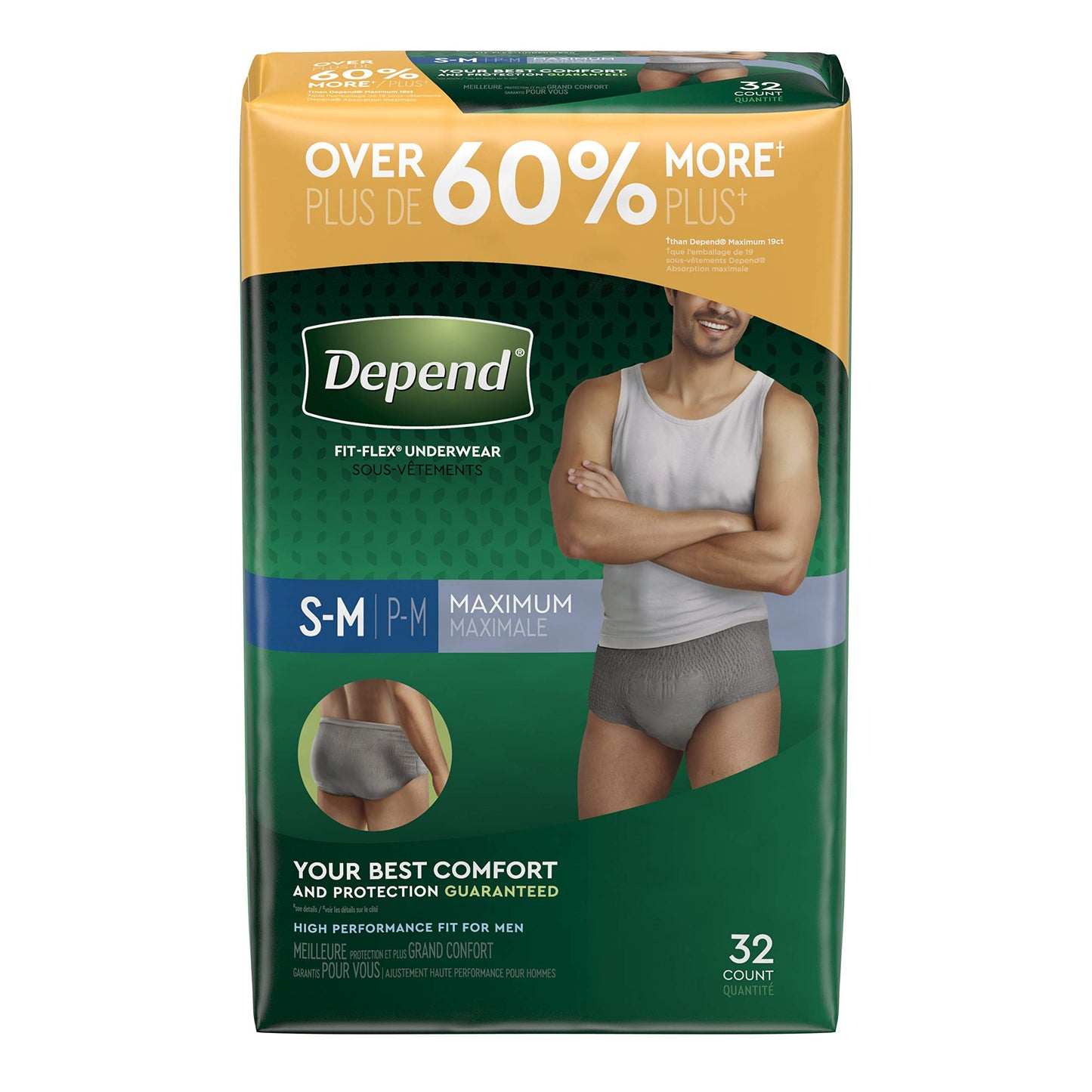 Depend Depend FIT-Flex Incontinence Underwear for Men, Maximum Absorbency, Disposable, Small/Medium, Grey, 32 Count (Packaging May Vary), 32 Count