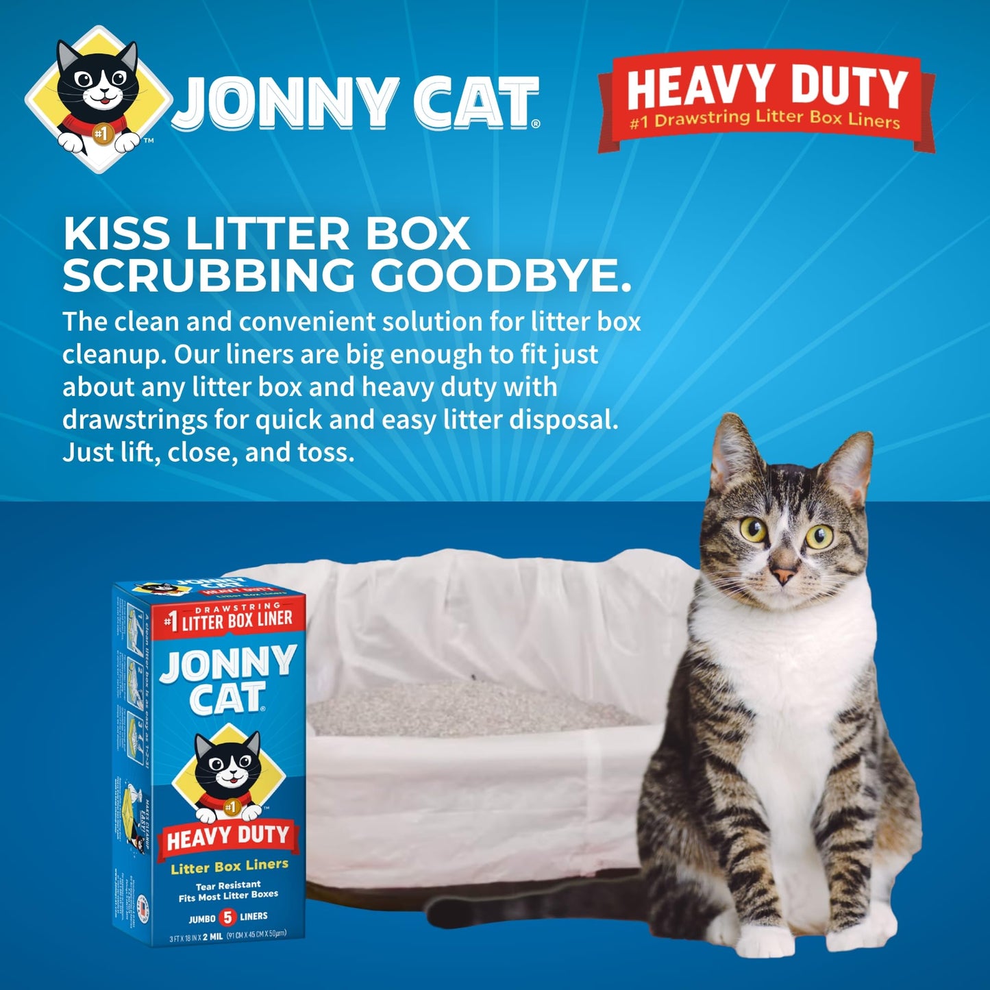 Jonny Cat Litter Box Liners: Heavy Duty - Tear & Leak Resistant - Drawstring Close - Jumbo, 5 Count