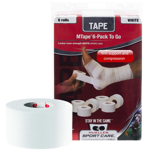 MUELLER Sports Medicine To Go Athletic Tape, Adhesive for Sports and Home Use, White, 1.5" x 10yd Roll, 6 Count