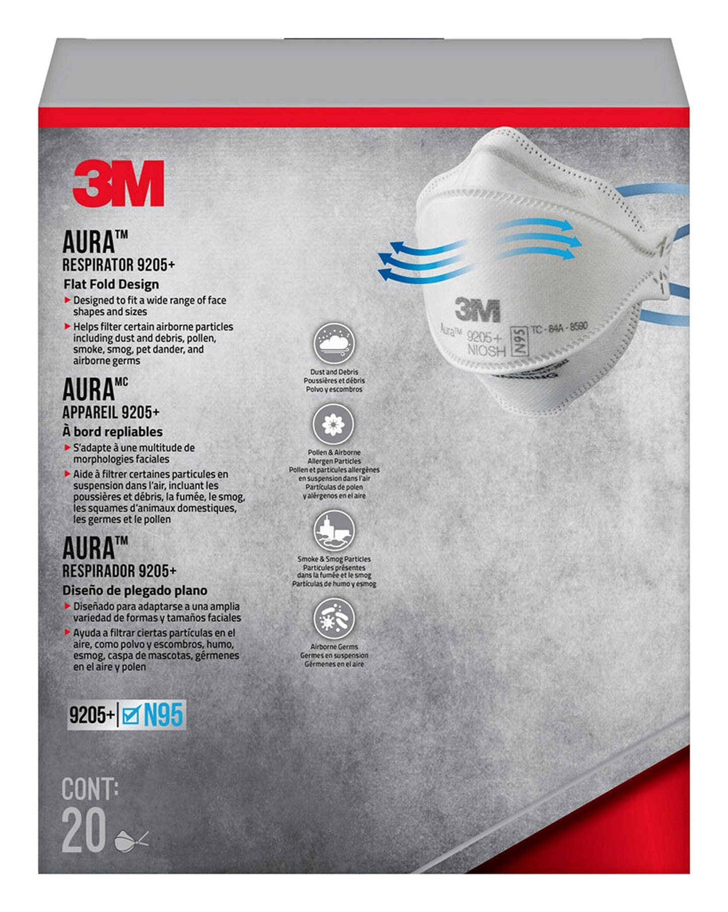 3M Aura Particulate N95 Respirator 9205+, Flat Fold Lightweight Design, Non-Valved, 20 Count (Pack of 1) - Like New