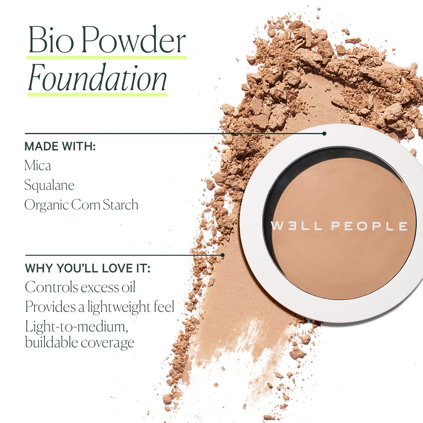 Well People Bio Powder Foundation, Lightweight & Hydrating Foundation For Perfecting & Smoothing Skin, Semi-Matte Finish, Vegan & Cruelty-free, 1C