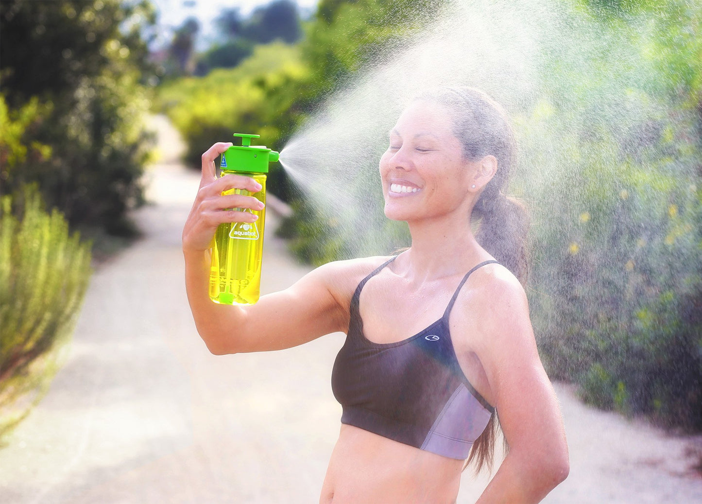 Lunatec Hydration Spray Water Bottle is a pressurized personal mister, camp shower and sport water bottle in one easy-to-use BPA free bottle.