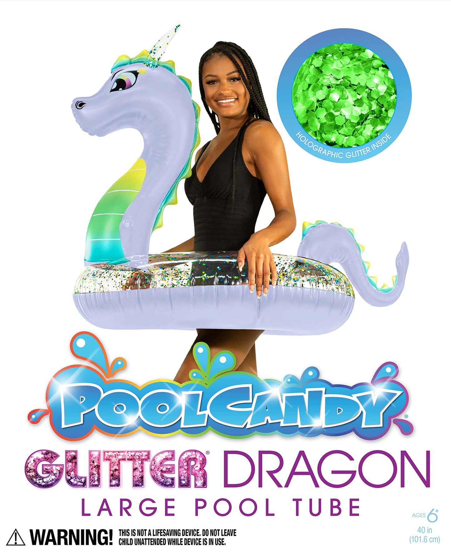 PoolCandy 40" Glitter Dragon Beach & Pool Tube, Filled with Multi Color Glitter. Large Tube Size Perfect for Kids and Adults in The Pool, Lake or Beach. Sparkling Holographic Color Changing Glitter