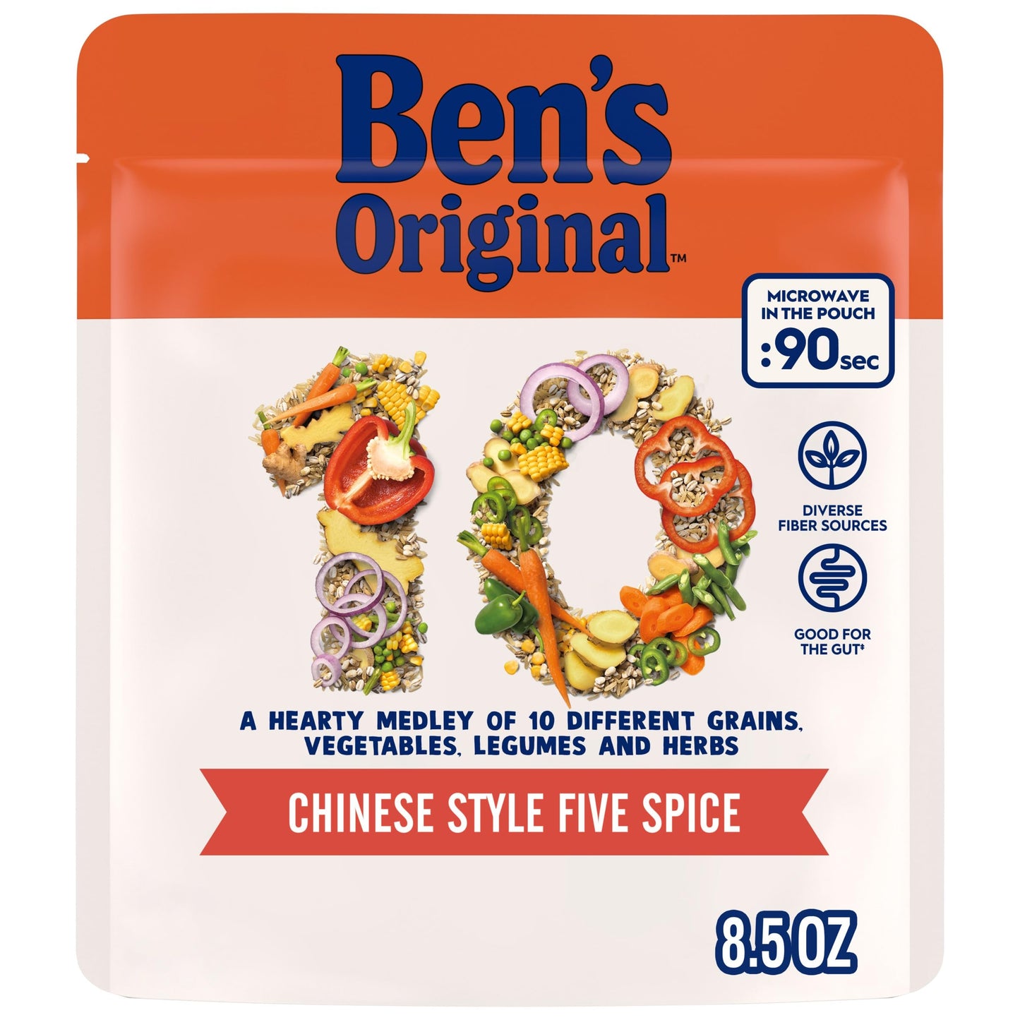 BEN'S ORIGINAL 10 MEDLEY Chinese Style Five Spice, Hearty Medley of Grains, Vegetables, Legumes and Herbs, Side Dish, 8.5 OZ Pouch