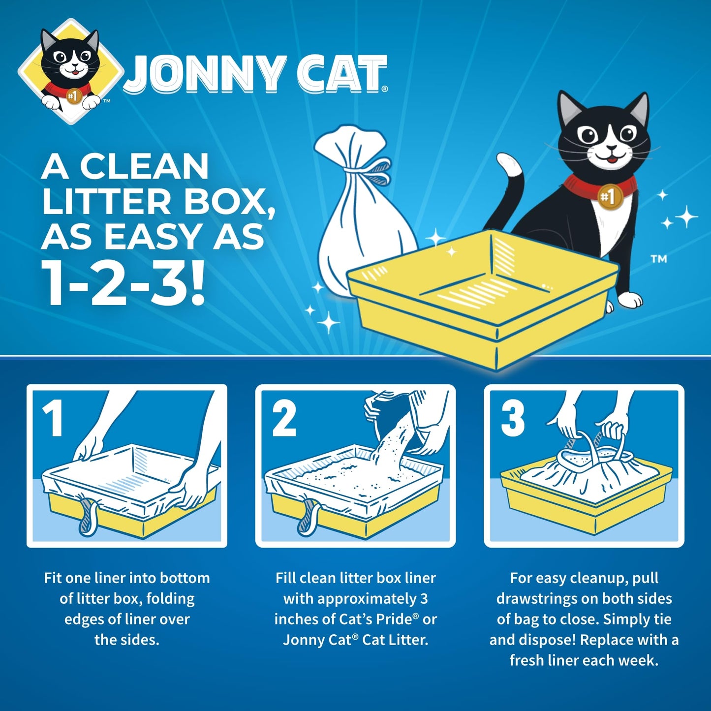 Jonny Cat Litter Box Liners: Heavy Duty - Tear & Leak Resistant - Drawstring Close - Jumbo, 5 Count