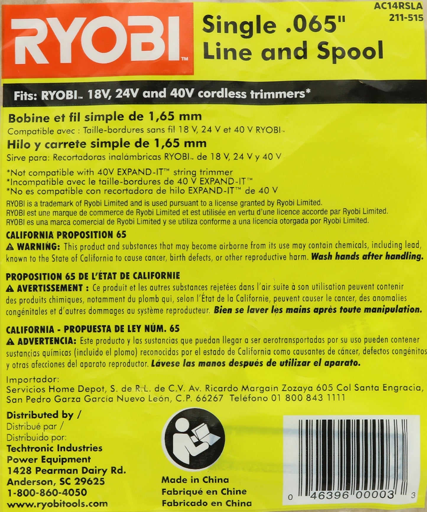Ryobi ONE+ AC14RSLA OEM .065" Line and Spool Replacement for Ryobi 18v, 24v, and 40v Cordless Trimmers