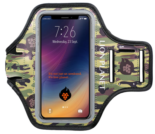 Cell Phone Armband Case. for Screen Size of 6.8 inches and Below. with Card Holder, Key Slot, & Earphone Cord Holder. Wear in Running, Workout, Sports, Fitness and Gym. (Camouflage, M 6.5")