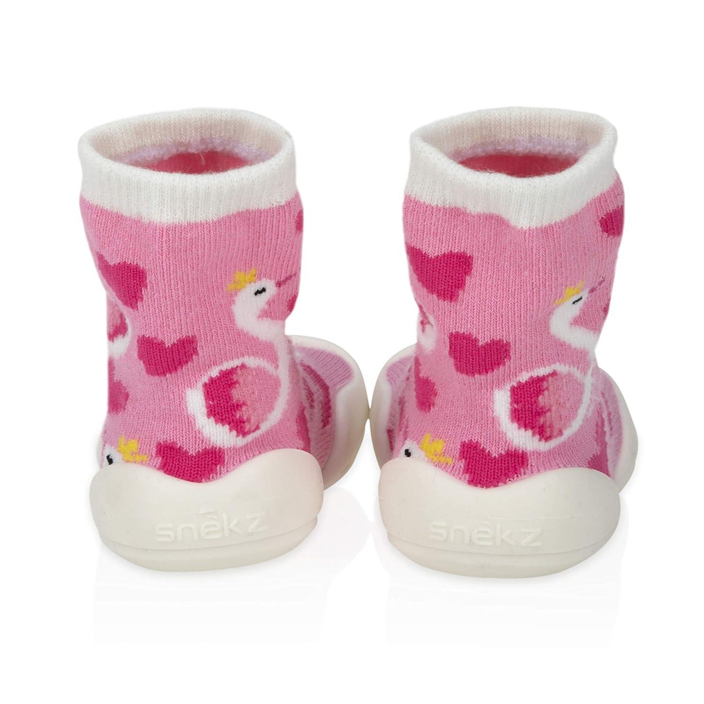 Nuby Snekz Comfortable Rubber Sole Sock Shoes for First Steps- Pink Swan/Large 14-22 Months