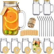 TANGLONG Mason Jar with Lid and Straw,24 oz Mason Jar Cups Set of 6,Glass Cups with Lids and Straws,Mason Jars with Handle,Mason Jar Drinking Glasses - Like New